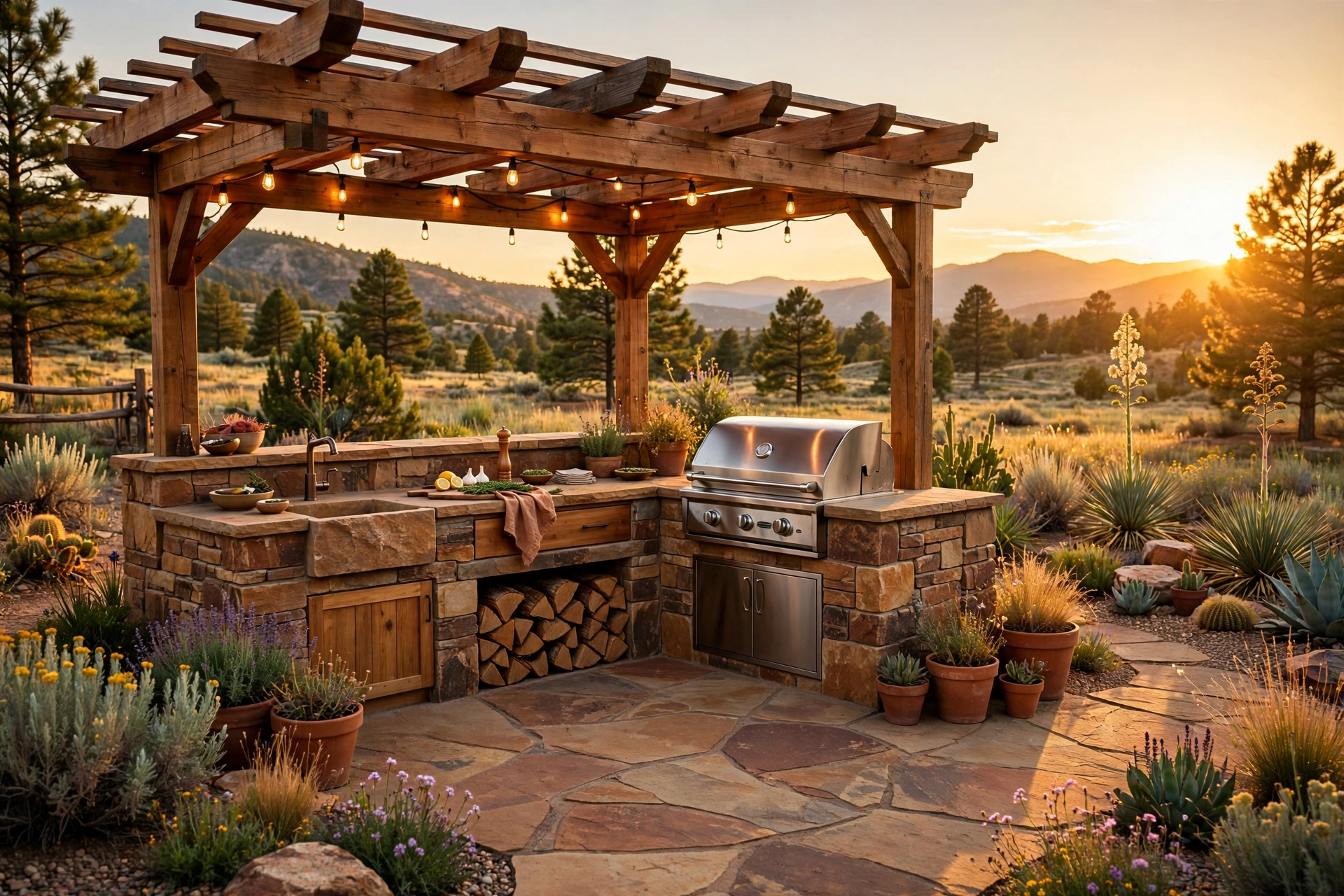 Outdoor kitchen under a warm wood pergola at golden hour